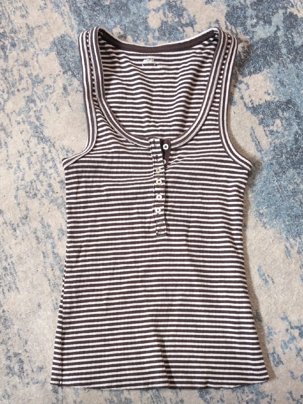 aerie Brown and White Striped Ribbed Henley Tank